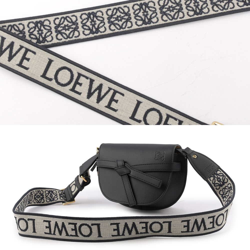 【LOEWE】Gate Mini 新款柔軟小牛皮緹花背帶馬鞍斜背/腰包(黑色) A650N46X13 1100