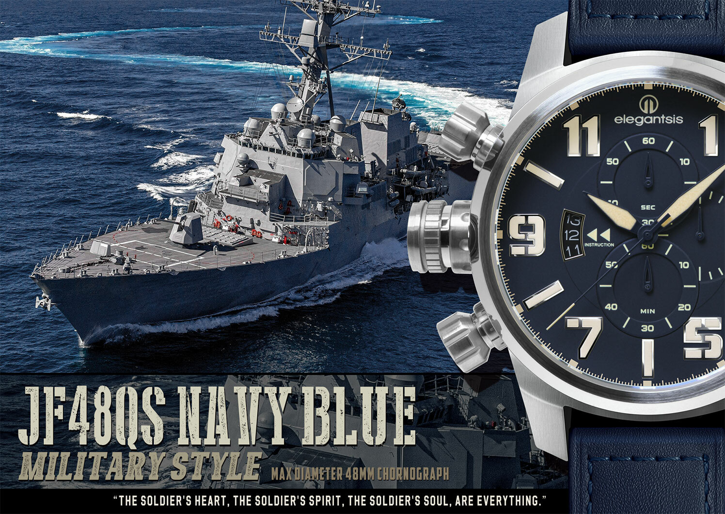 萬年鐘錶 - elegantsis 愛樂時    空軍-陸海空三軍大錶徑三眼皮革款男錶 ELJF48QS-OU06LC  錶徑48MM