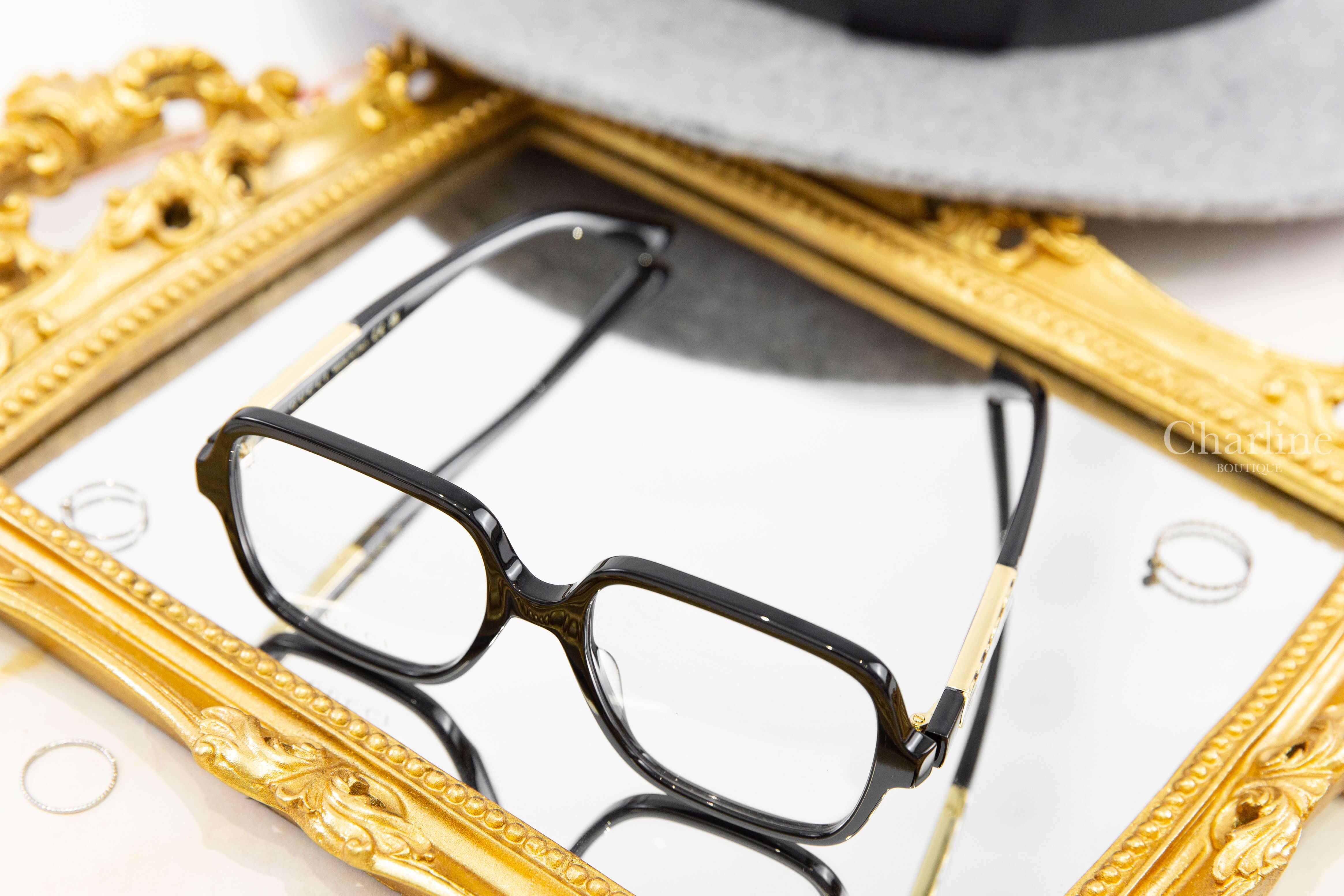 Gucci Square Optical Frame 黑色方框側邊金色 GUCCI 平光眼鏡-Charline Boutique 精品代購