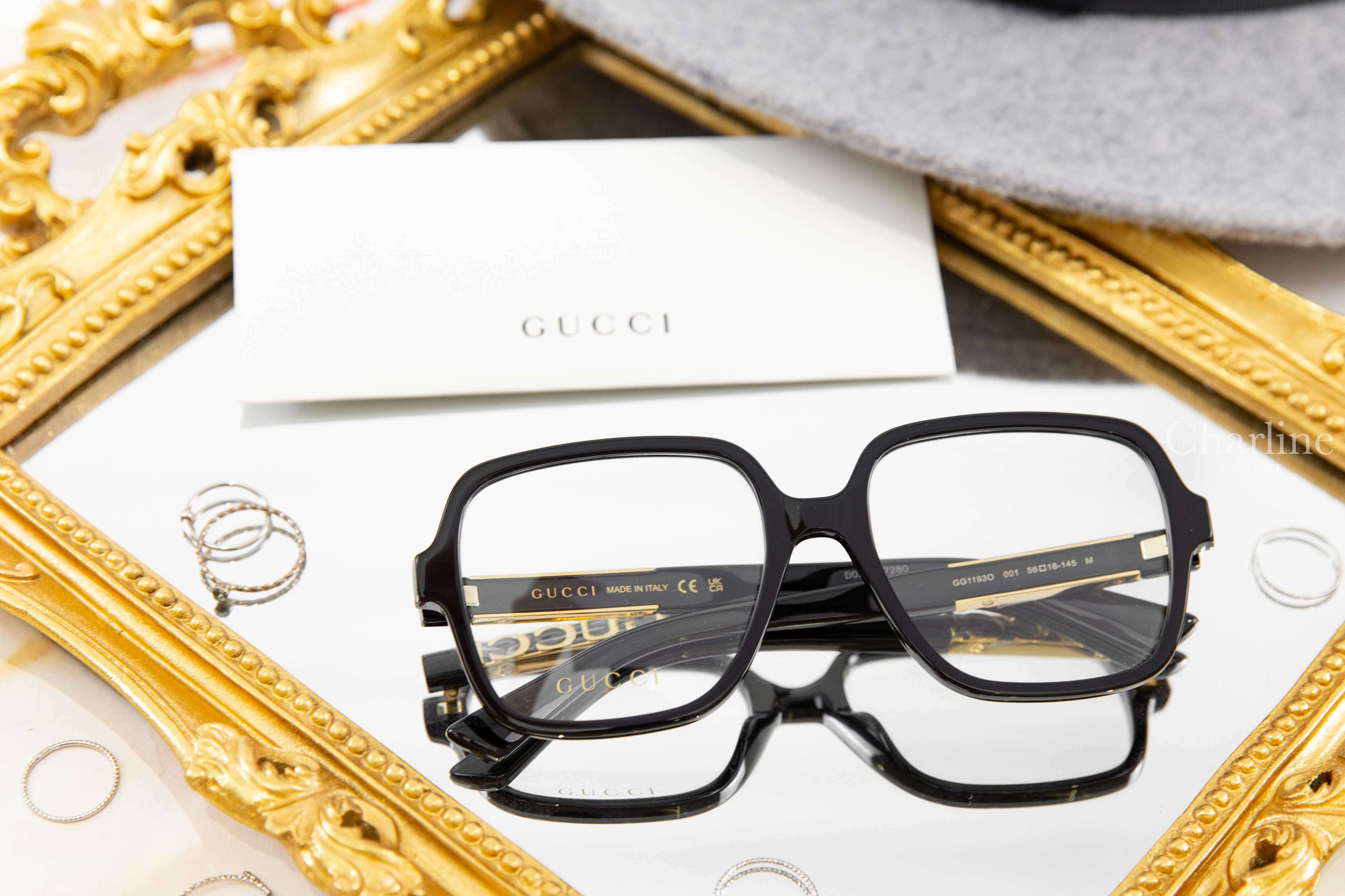 Gucci Square Optical Frame 黑色方框側邊金色 GUCCI 平光眼鏡-Charline Boutique 精品代購