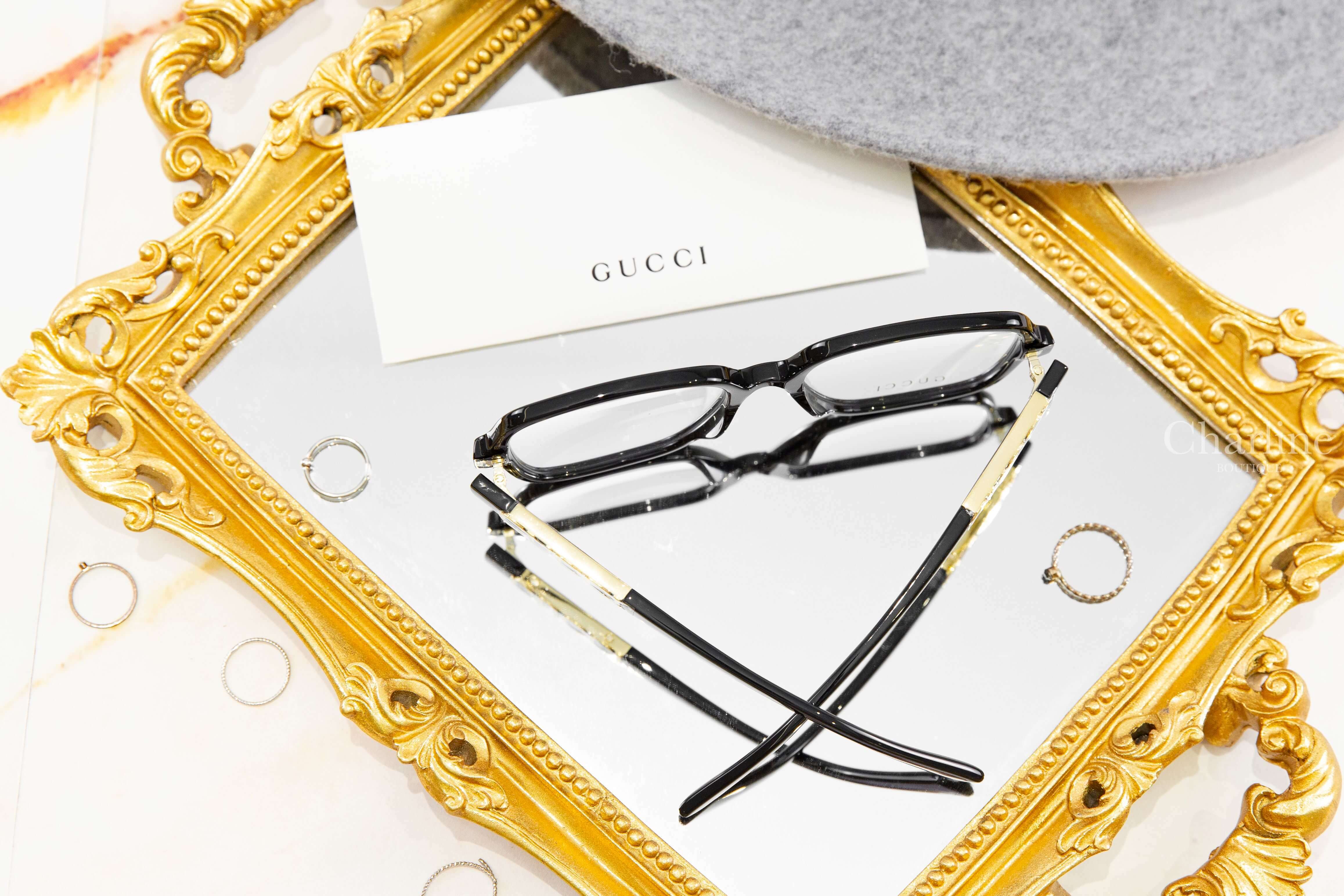 Gucci Square Optical Frame 黑色方框側邊金色 GUCCI 平光眼鏡-Charline Boutique 精品代購