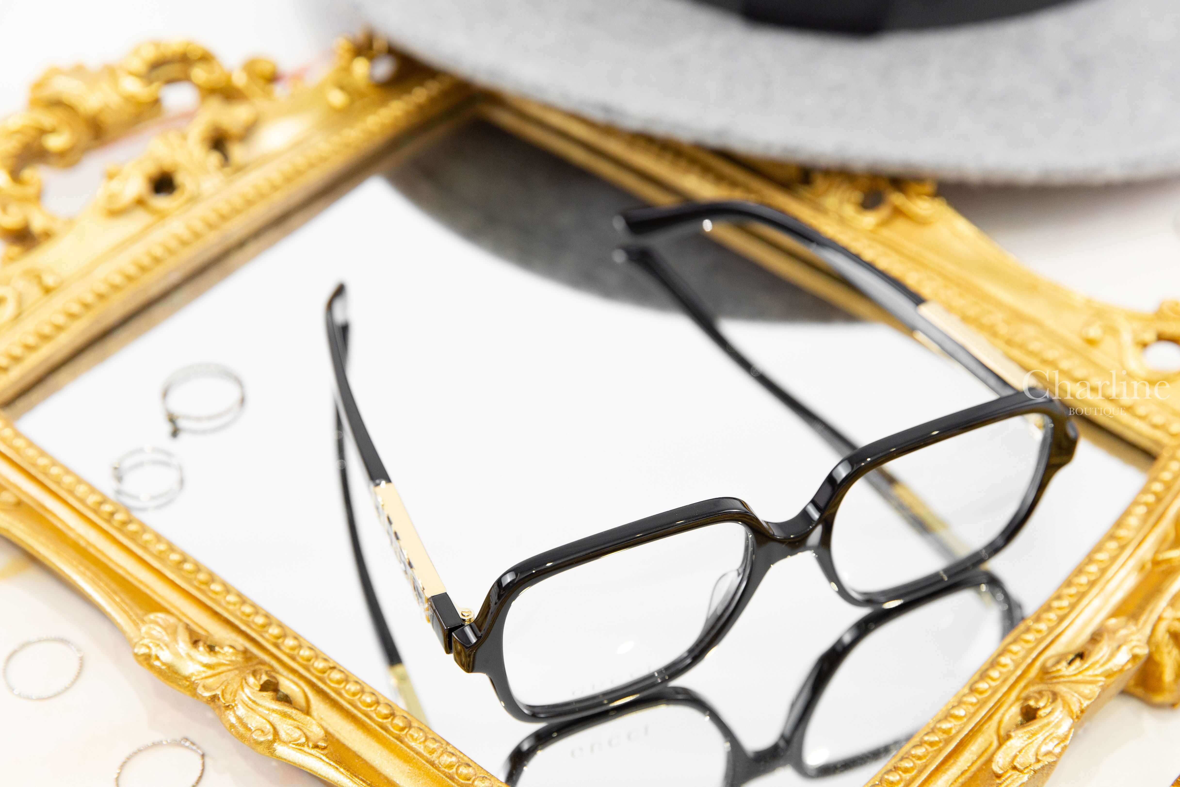 Gucci Square Optical Frame 黑色方框側邊金色 GUCCI 平光眼鏡-Charline Boutique 精品代購