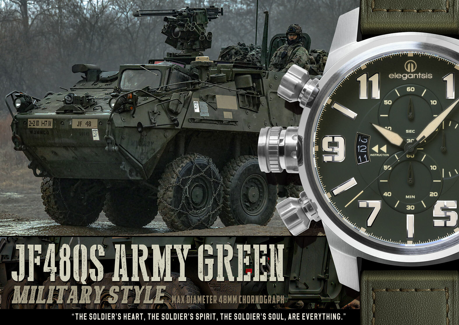 萬年鐘錶 - elegantsis 愛樂時    陸軍-陸海空三軍大錶徑三眼皮革款男錶 ELJF48QS-OG05LC 錶徑48MM