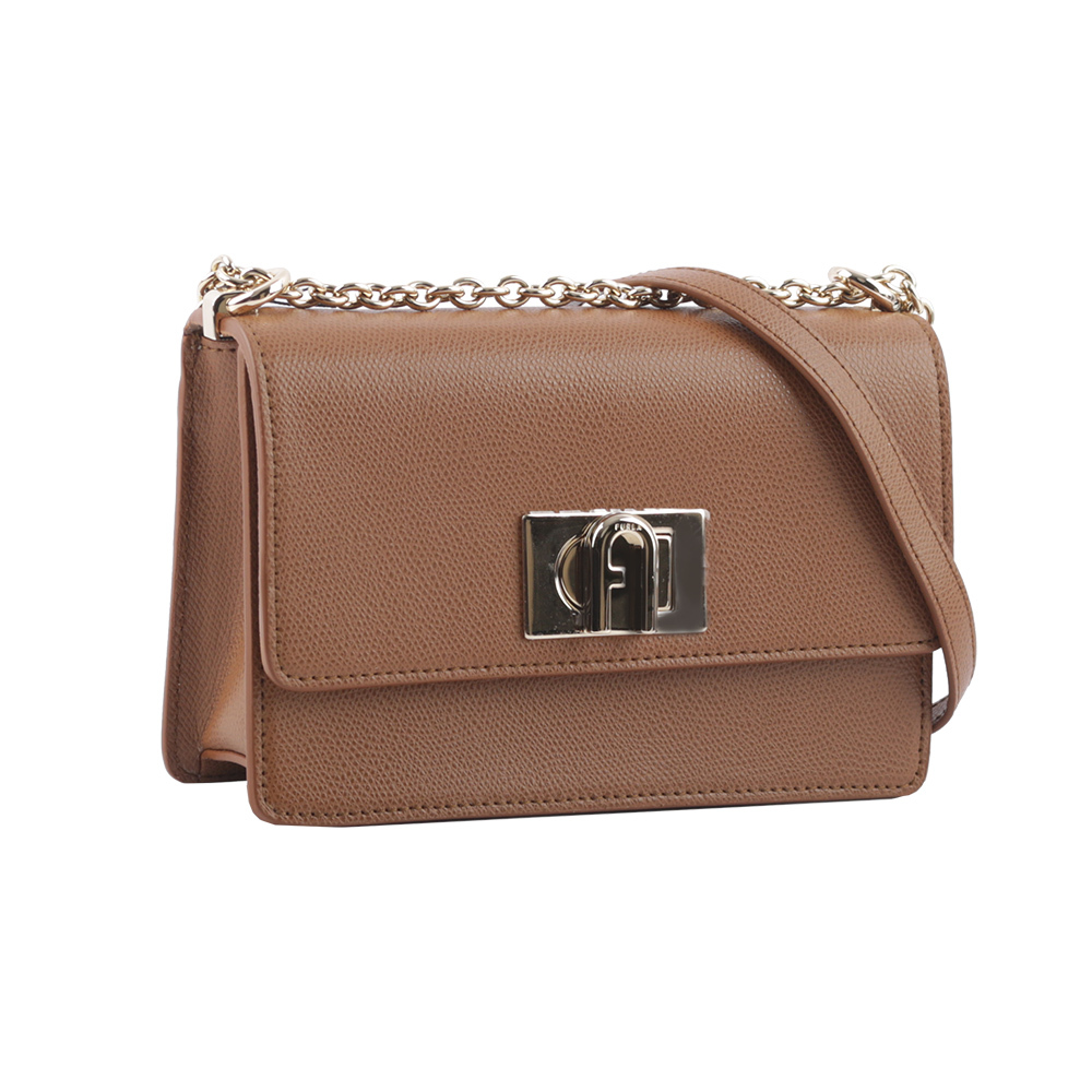 【FURLA】1927 拱門轉釦迷你翻蓋鏈帶二用包(白蘭地酒色) BAFKACO ARE000 03B00