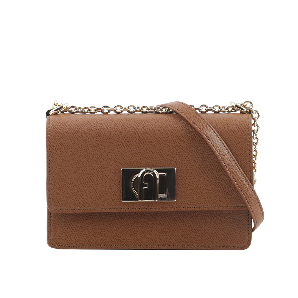 【FURLA】1927 拱門轉釦迷你翻蓋鏈帶二用包(白蘭地酒色) BAFKACO ARE000 03B00