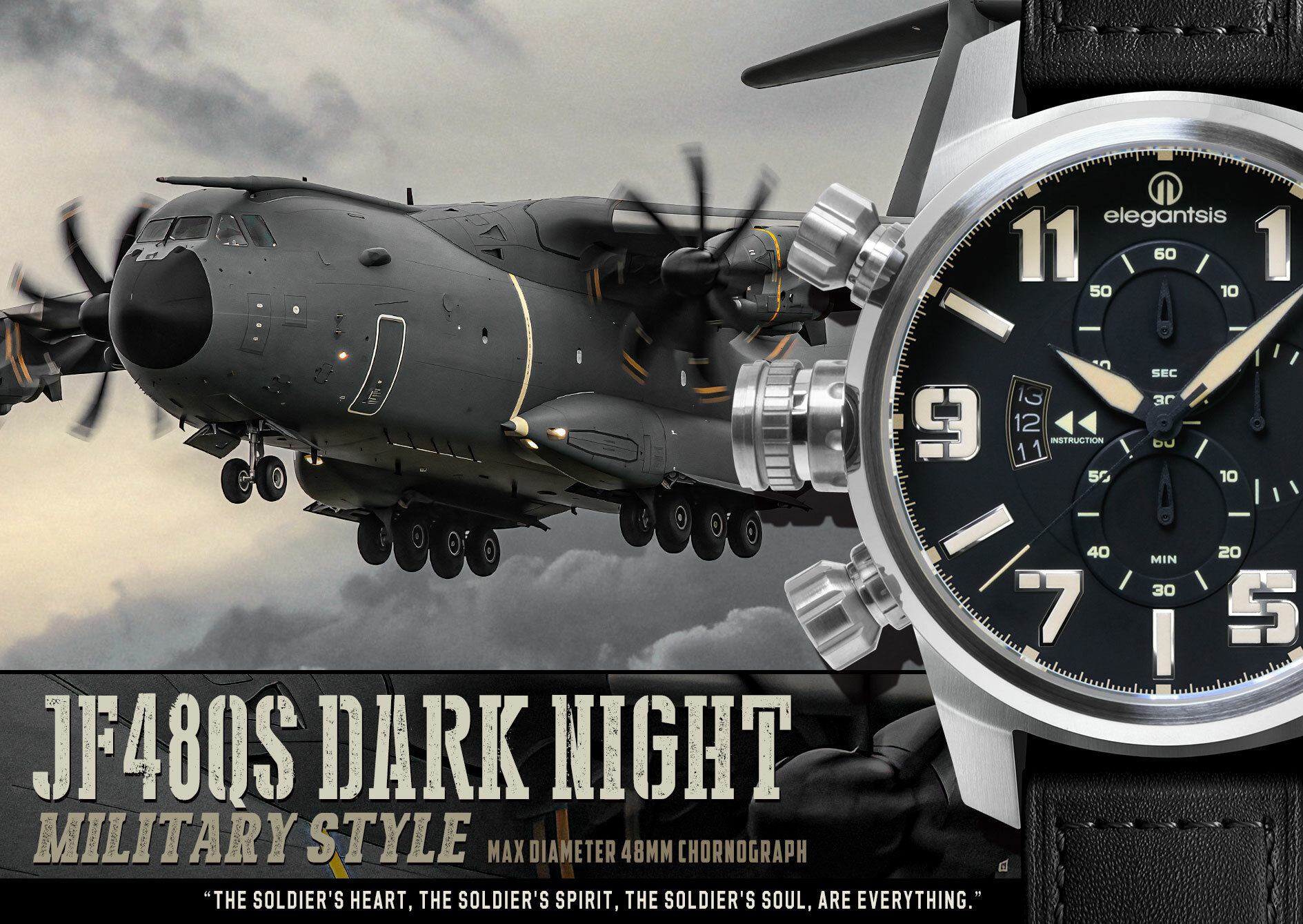 萬年鐘錶 - elegantsis 愛樂時    空軍-陸海空三軍大錶徑三眼皮革款男錶 ELJF48QS-OB04LC  錶徑48MM