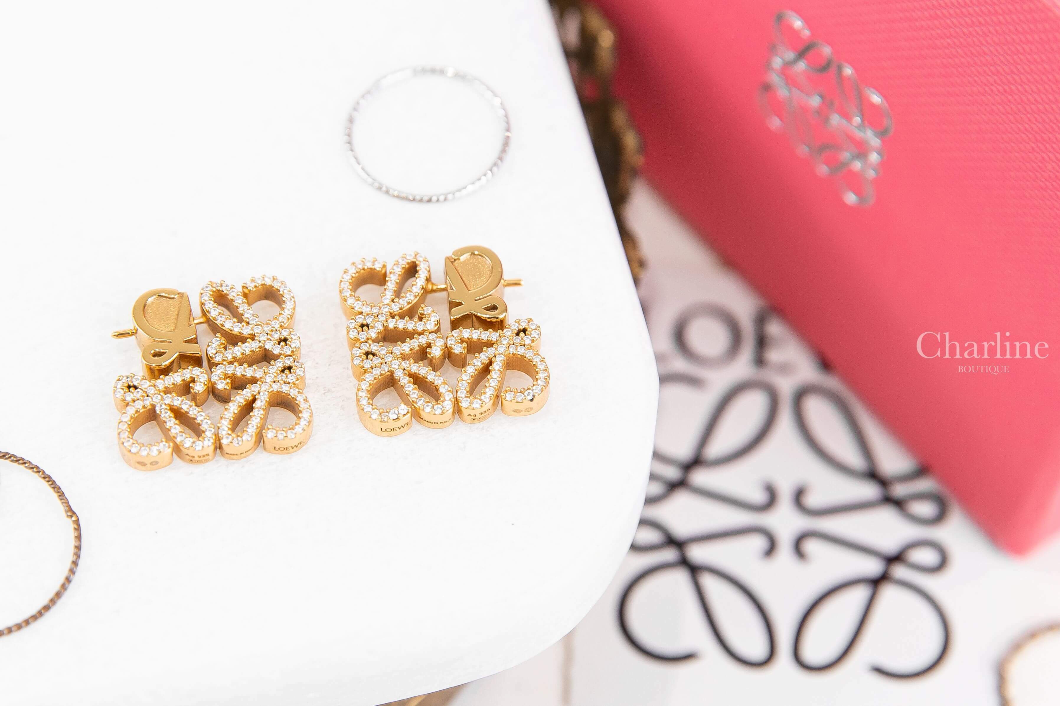 Loewe Pave Anagram Earrings In Sterling Silver And Crystal 金色水鑽Logo耳環