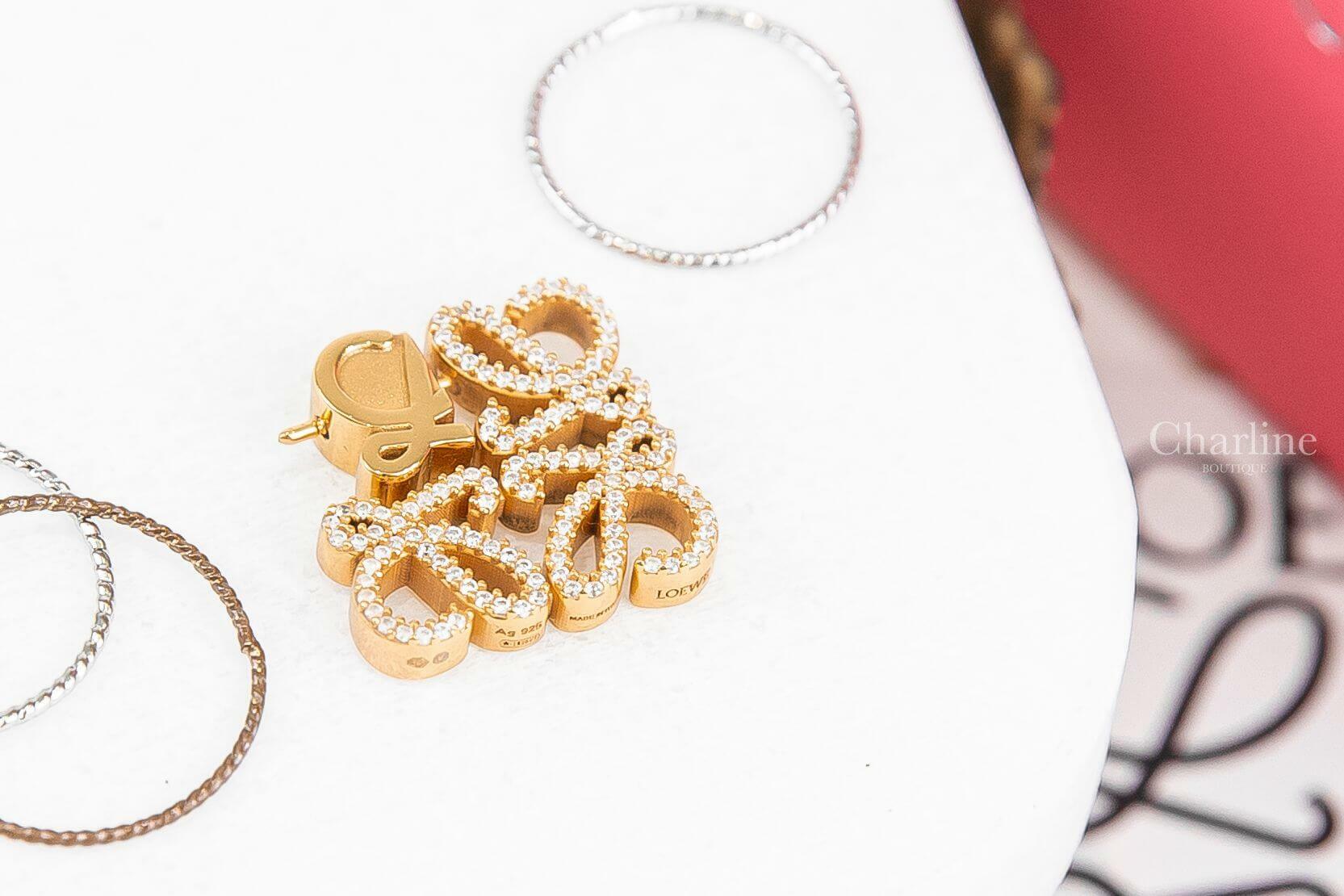 Loewe Pave Anagram Earrings In Sterling Silver And Crystal 金色水鑽Logo耳環