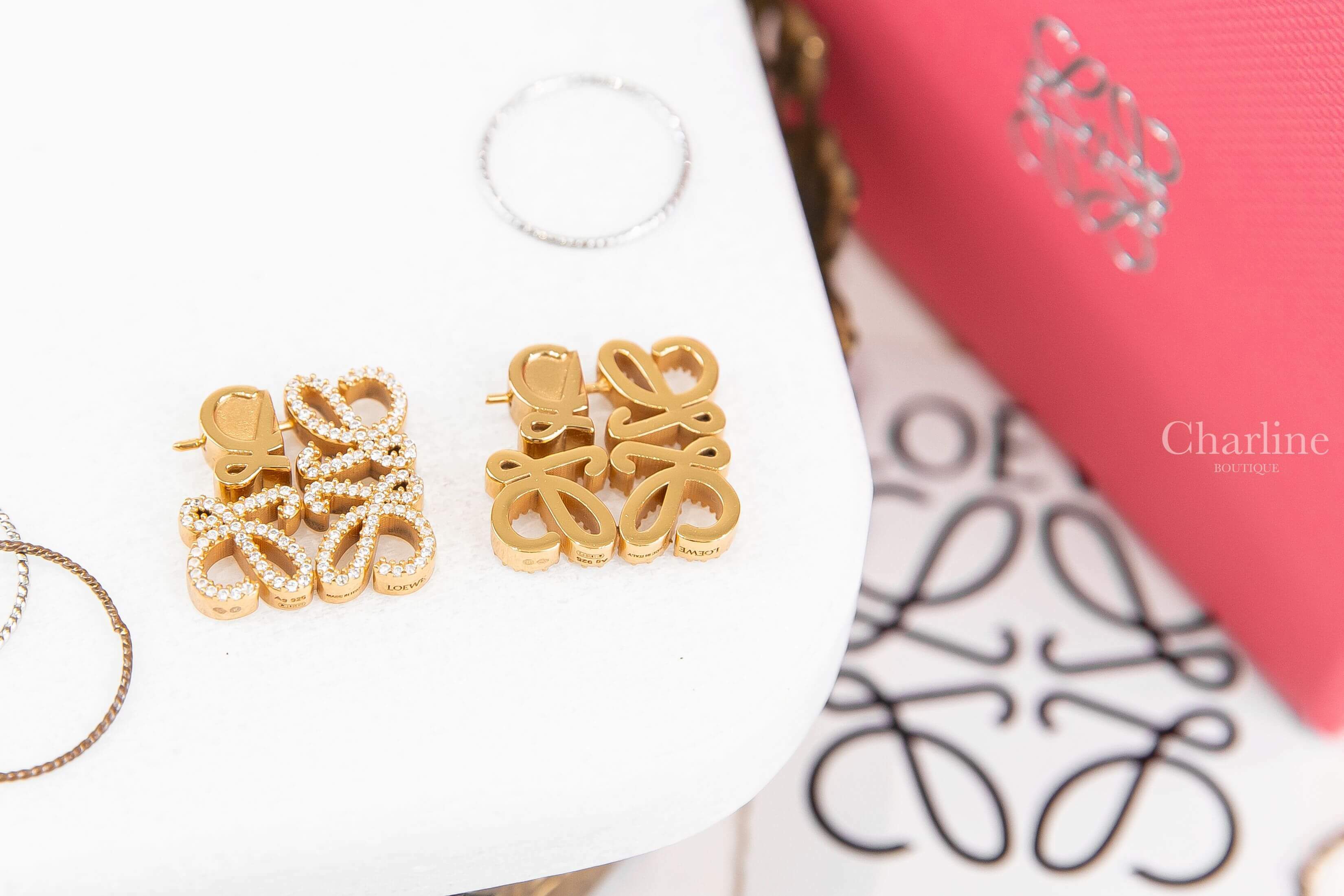 Loewe Pave Anagram Earrings In Sterling Silver And Crystal 金色水鑽Logo耳環-Charline Boutique 精品代購