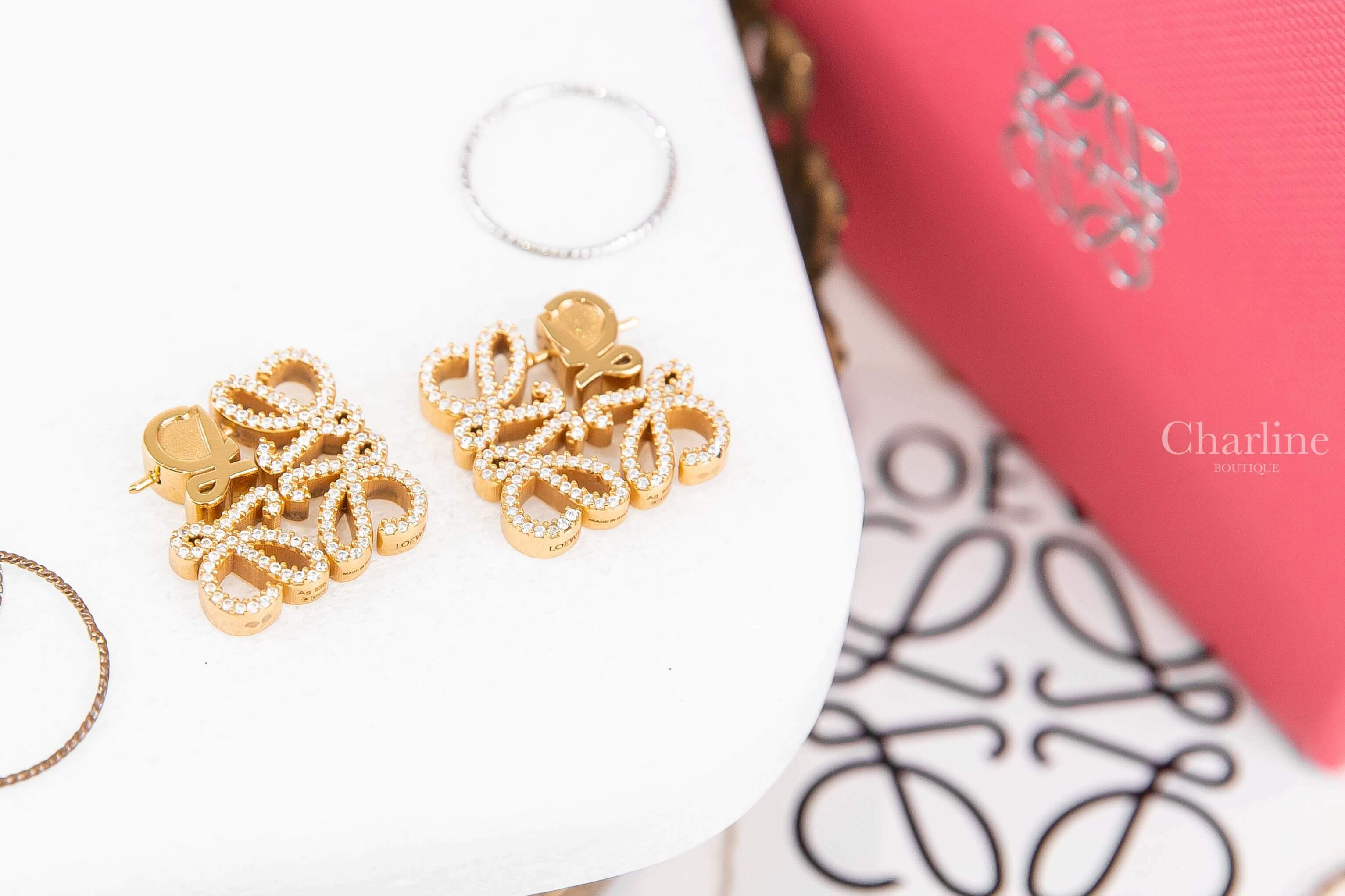 Loewe Pave Anagram Earrings In Sterling Silver And Crystal 金色水鑽Logo耳環-Charline Boutique 精品代購