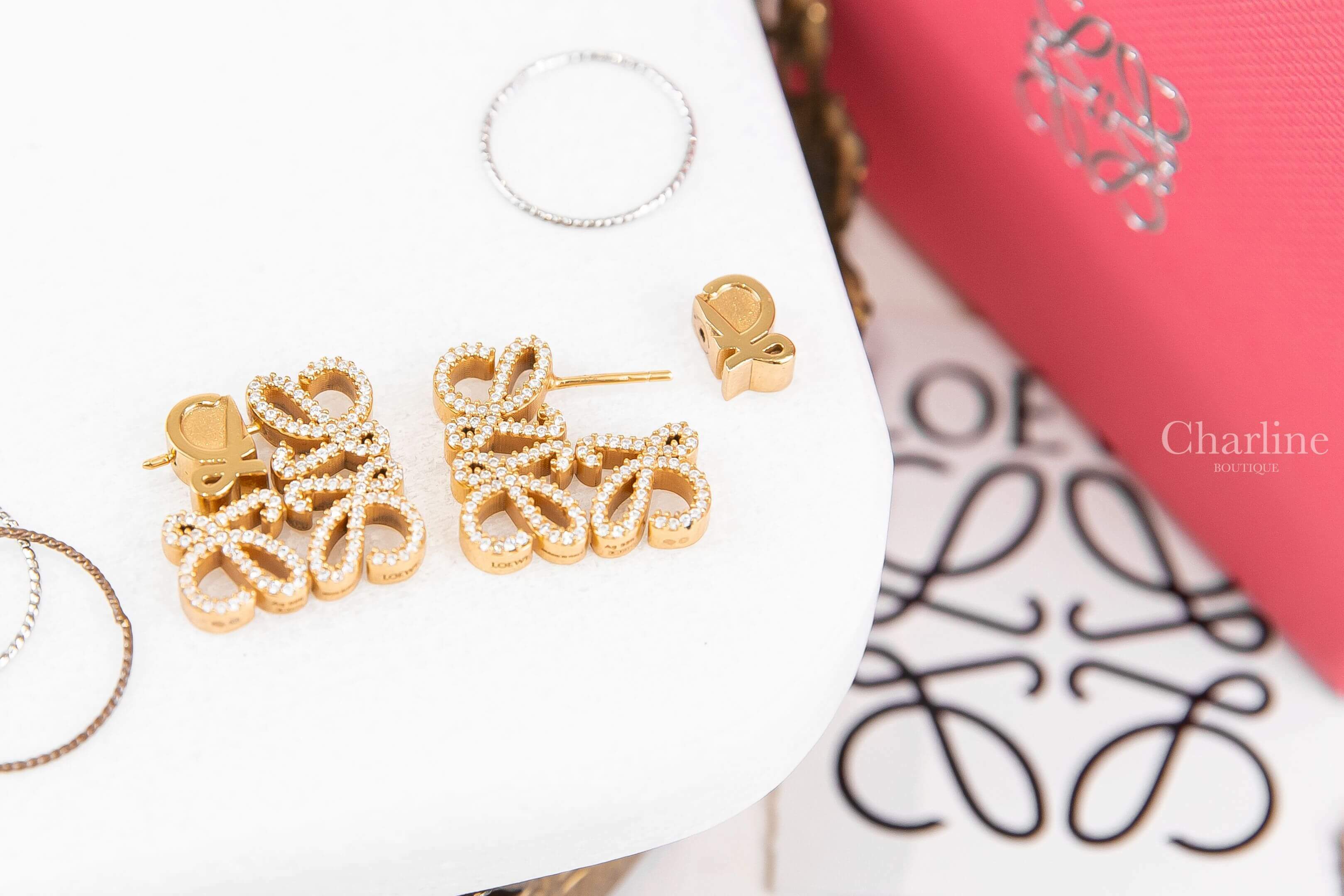 Loewe Pave Anagram Earrings In Sterling Silver And Crystal 金色水鑽Logo耳環-Charline Boutique 精品代購