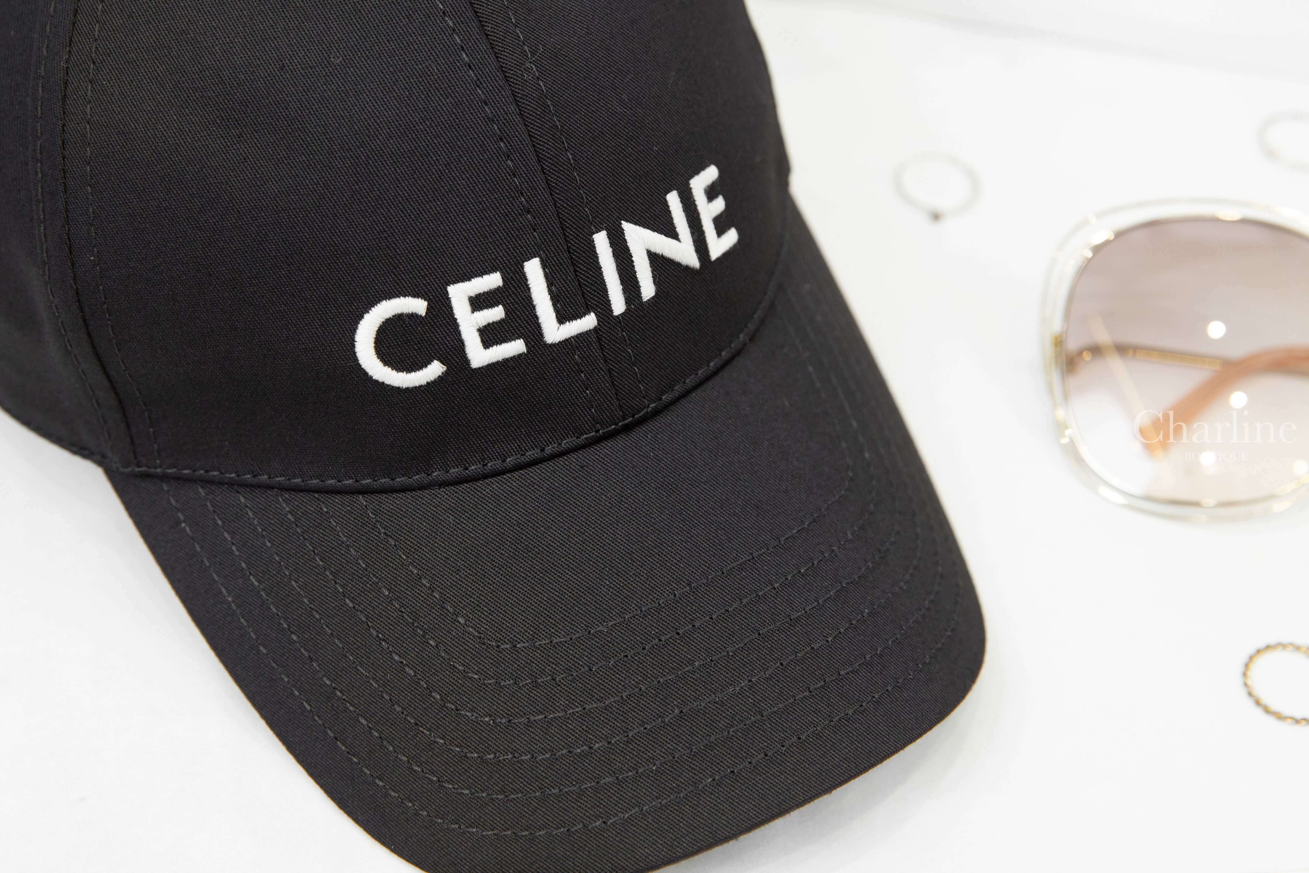 Celine Baseball Cap In Drill Cotton 黑色刺繡白字棉質棒球帽