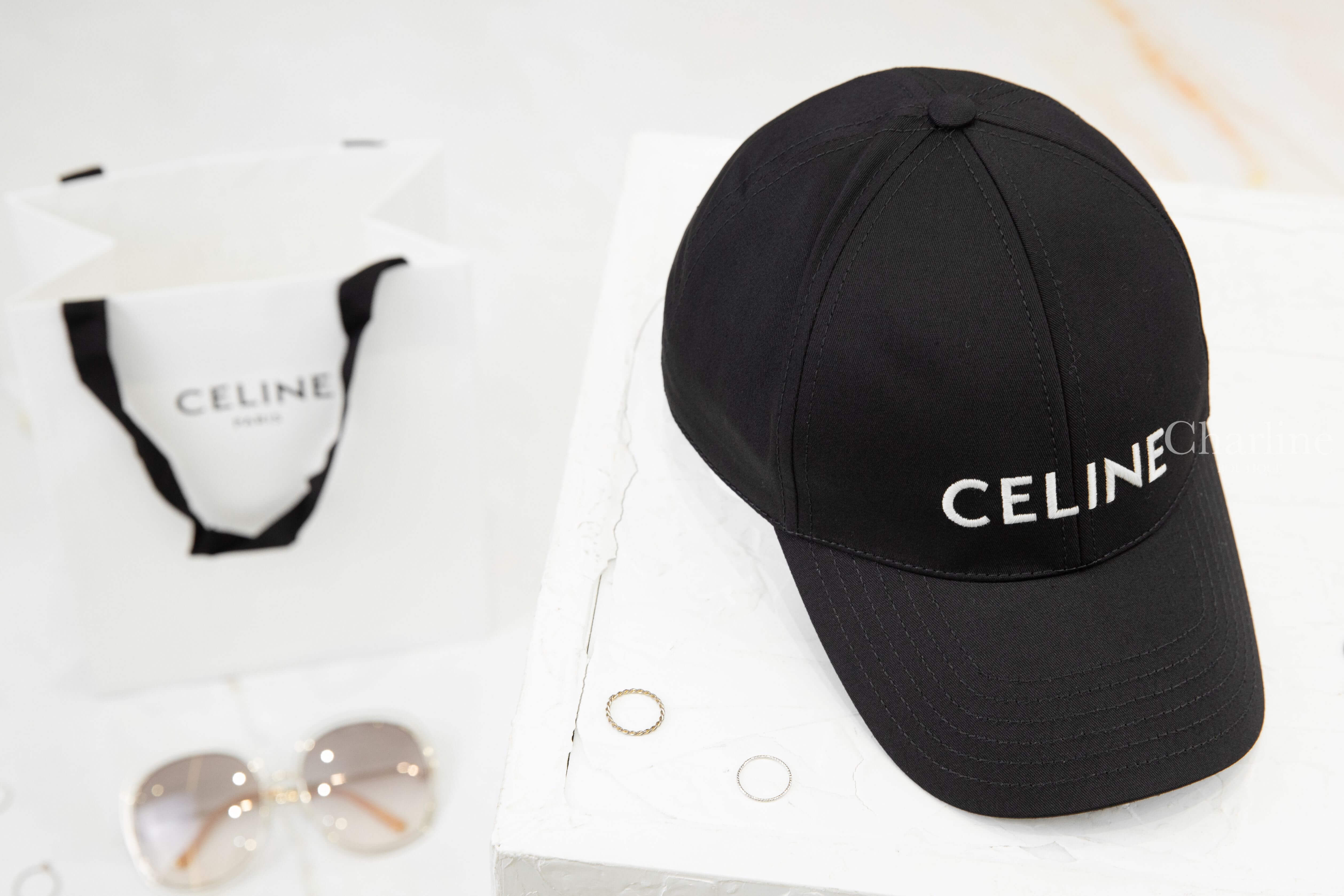 Celine Baseball Cap In Drill Cotton 黑色刺繡白字棉質棒球帽-Charline Boutique 精品代購