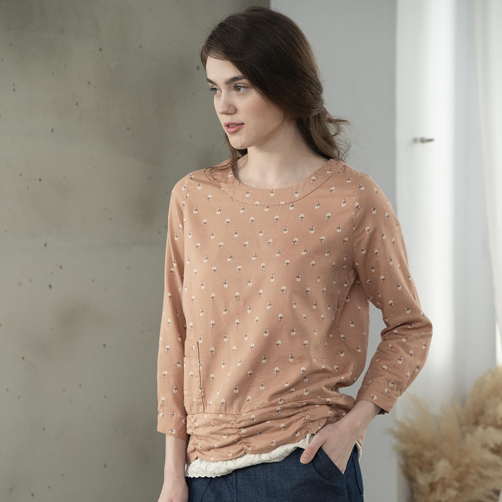 PIPPY蕾絲印花棉質上衣 粉橙