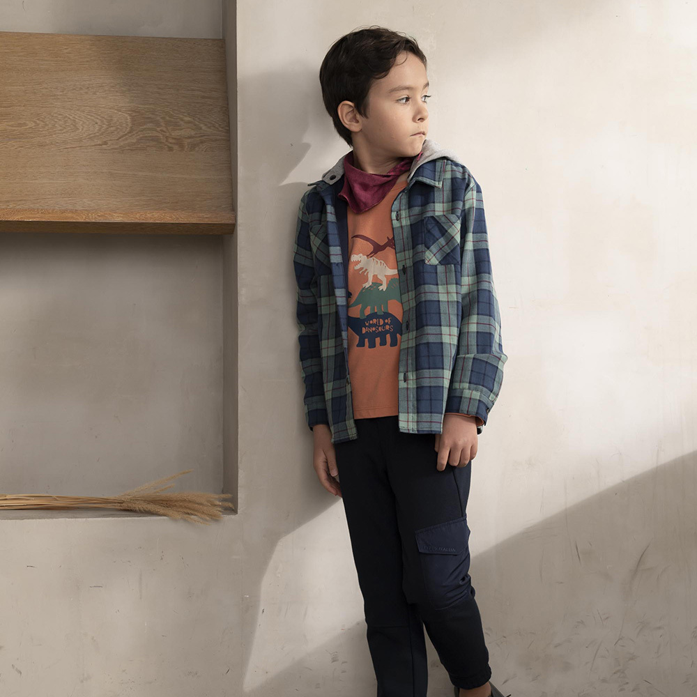 PIPPY格紋純棉襯衫式 連帽長袖外套 藍