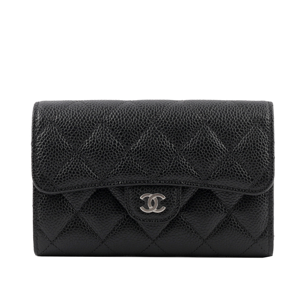 【CHANEL】經典銀色CC Logo 牛皮三折翻蓋中夾