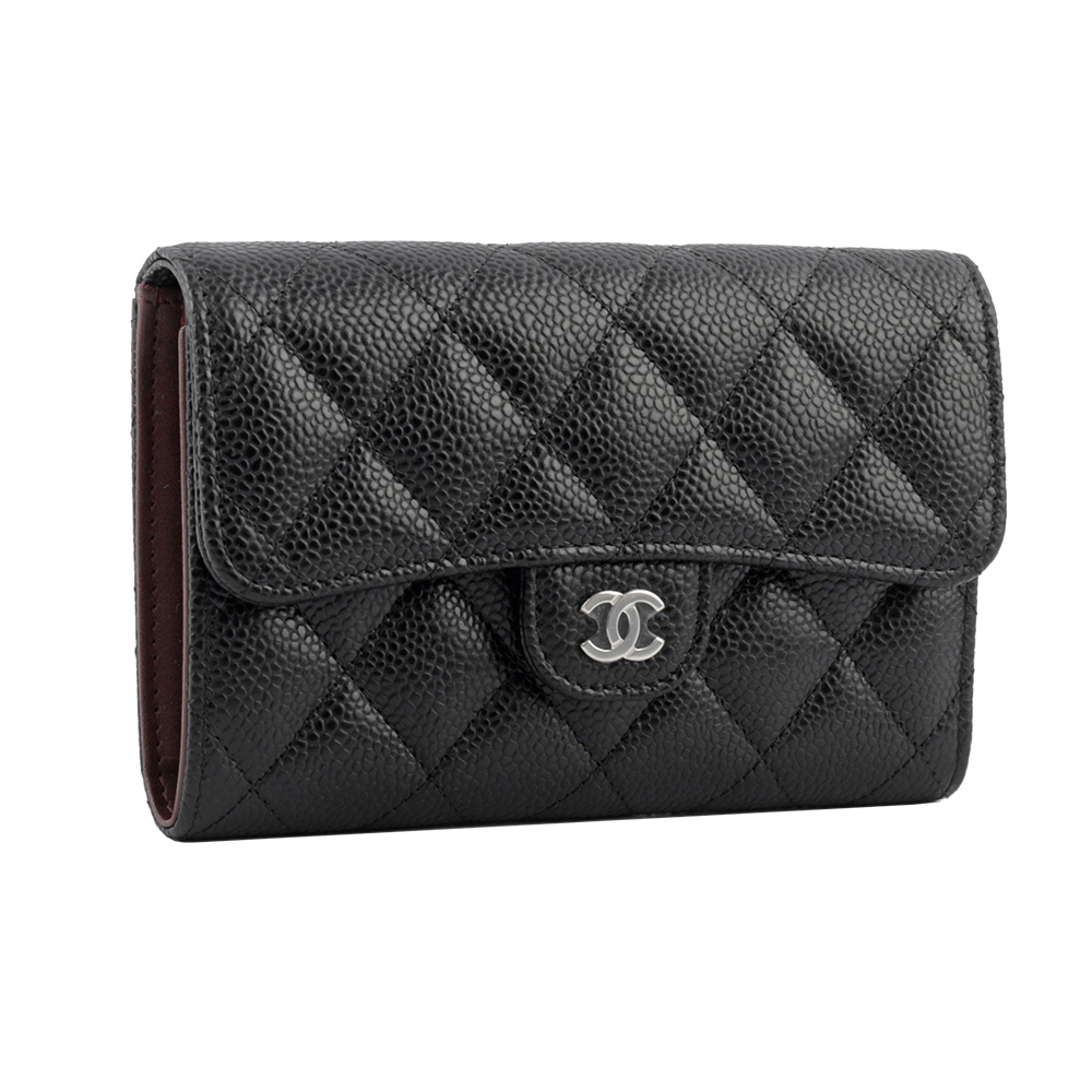 【CHANEL】經典銀色CC Logo 牛皮三折翻蓋中夾