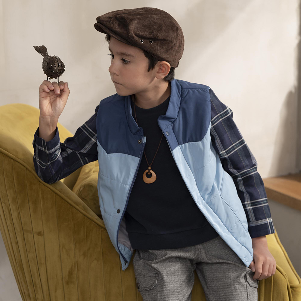 PIPPY 簡約拼接風衣舖棉背心 藍