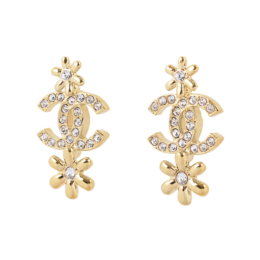 【CHANEL】CC Logo 水晶鑲飾小花造型針式耳環(金色) ABB349 B13559 NQ117