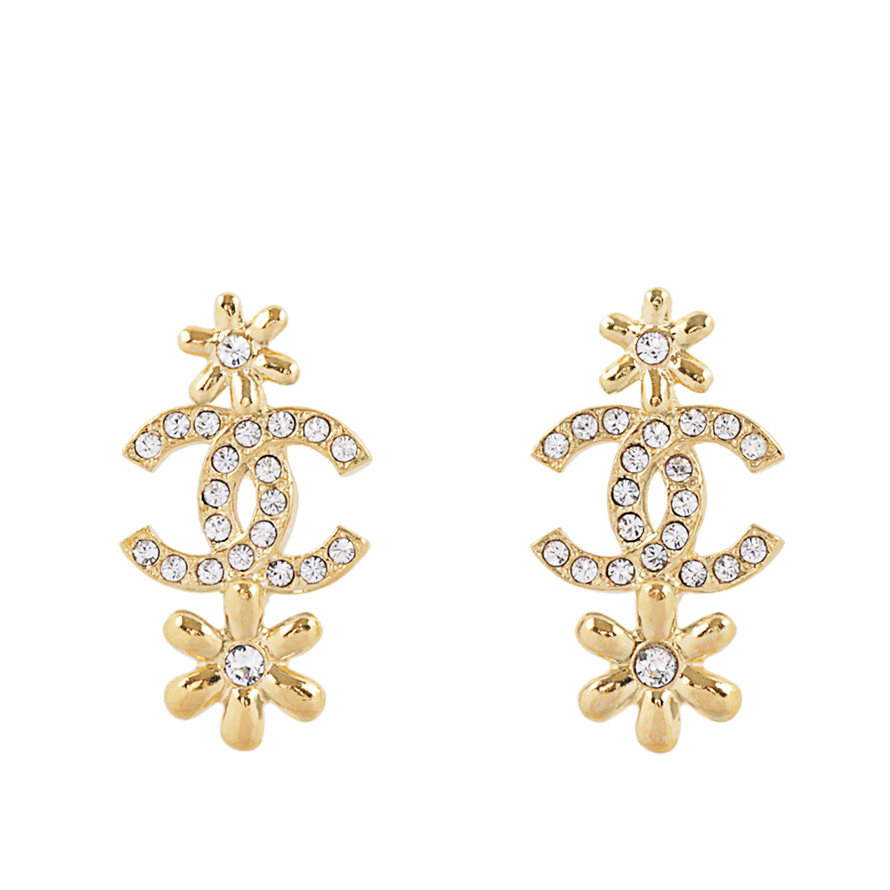 【CHANEL】CC Logo 水晶鑲飾小花造型針式耳環(金色) ABB349 B13559 NQ117