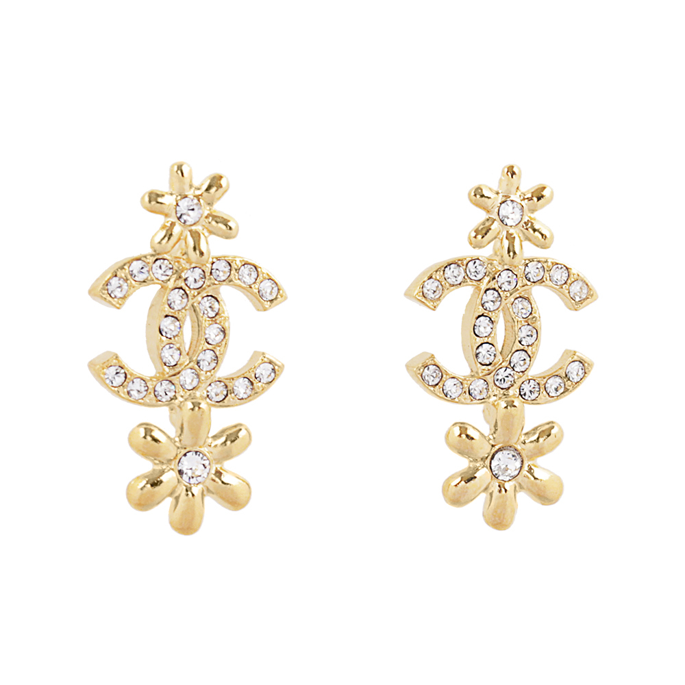 【CHANEL】CC Logo 水晶鑲飾小花造型針式耳環(金色) ABB349 B13559 NQ117