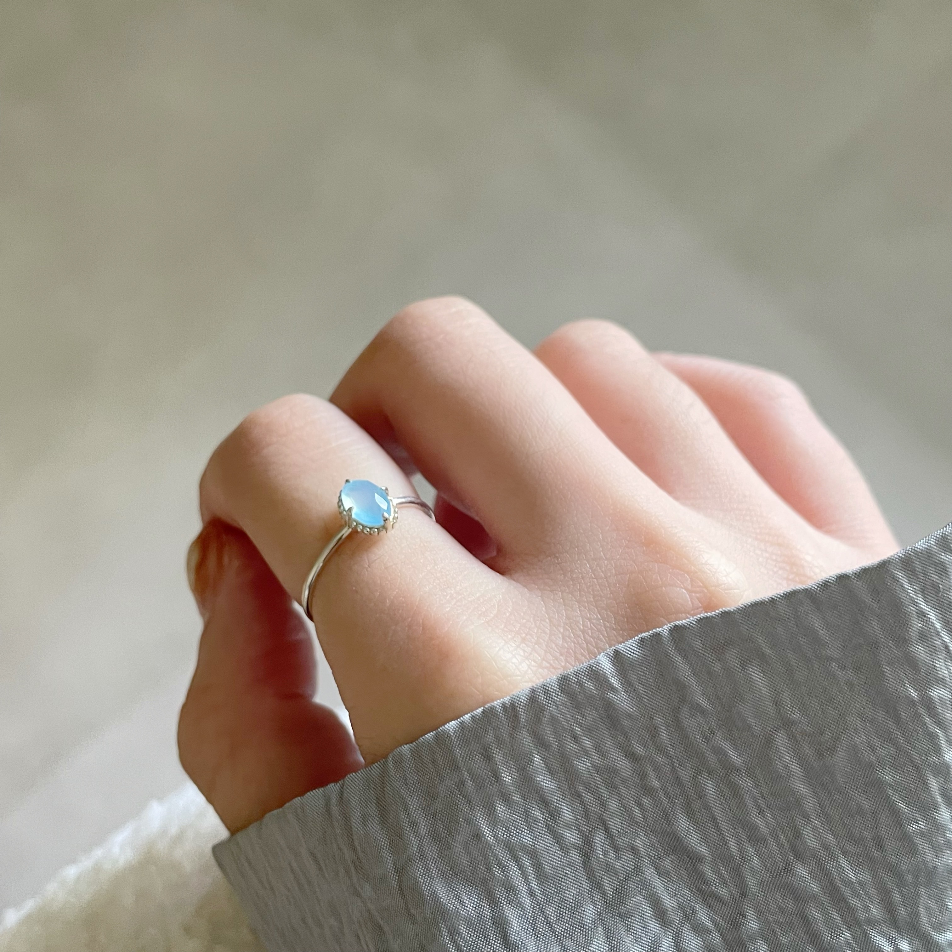 橢圓蛋撻海藍玉髓戒指