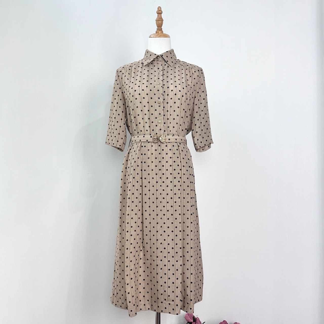日本製奶茶色波點蕾絲連身裙