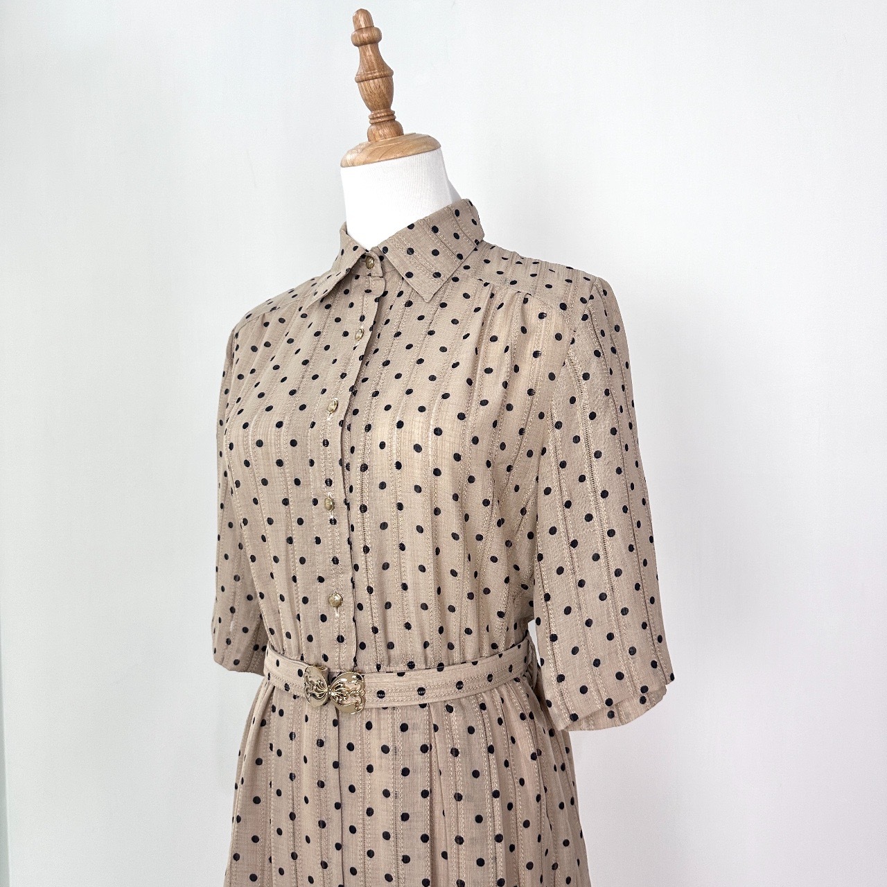 日本製奶茶色波點蕾絲連身裙