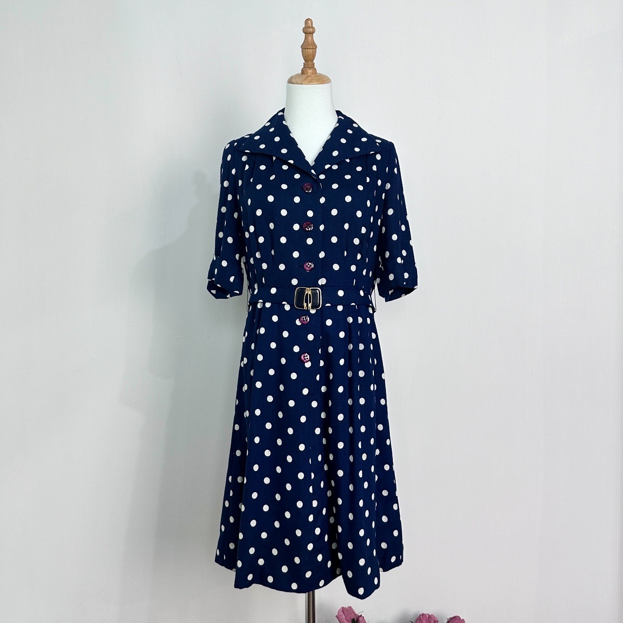 深藍波點大翻領連身裙