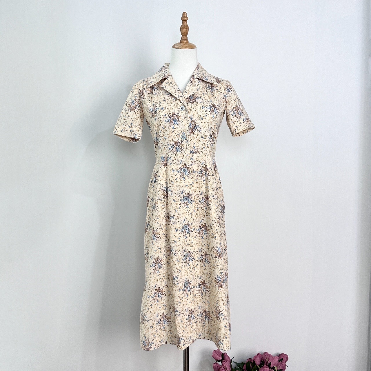 米色乾花花束圖案連身裙