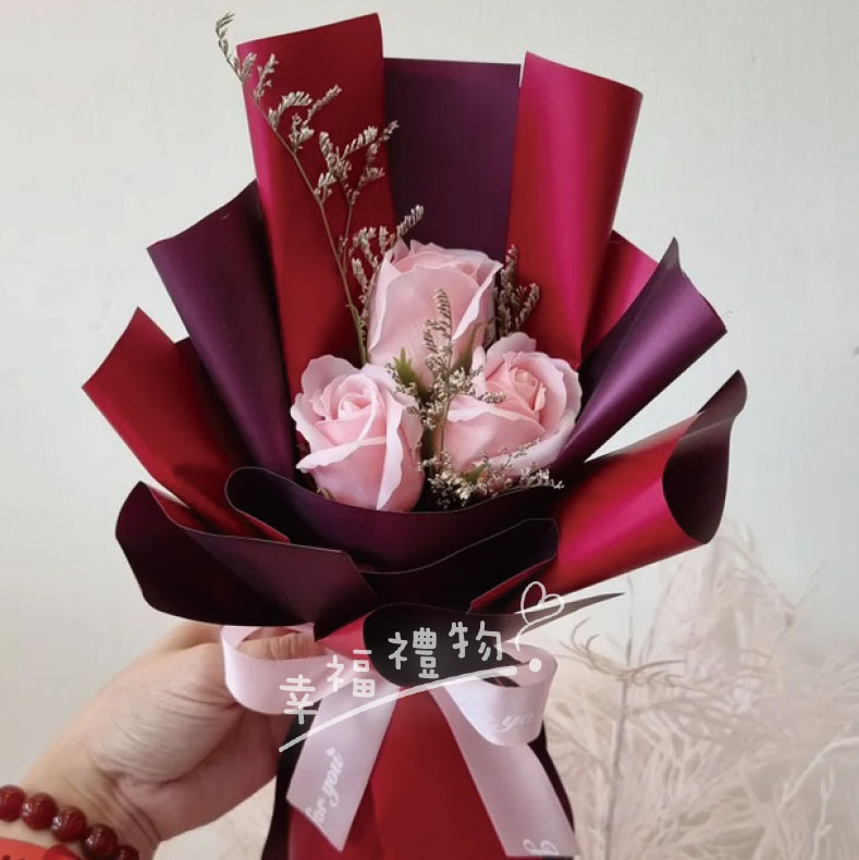 三朵粉紅色香皂花乾燥花束,桃園花店,幸福禮物,3-stalks-rose-soapflower-dryflower-bouquet
