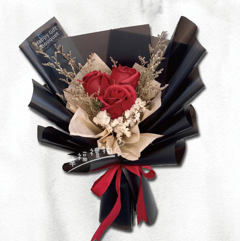 三朵紅色香皂花乾燥花束,桃園花店,幸福禮物,3-stalks-rose-soapflower-dryflower-bouquet