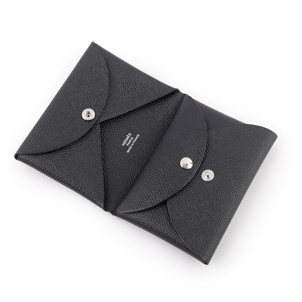 【HERMES】Calvi Duo Epsom皮釦式卡片夾/零錢包(黑色) H083035CK89