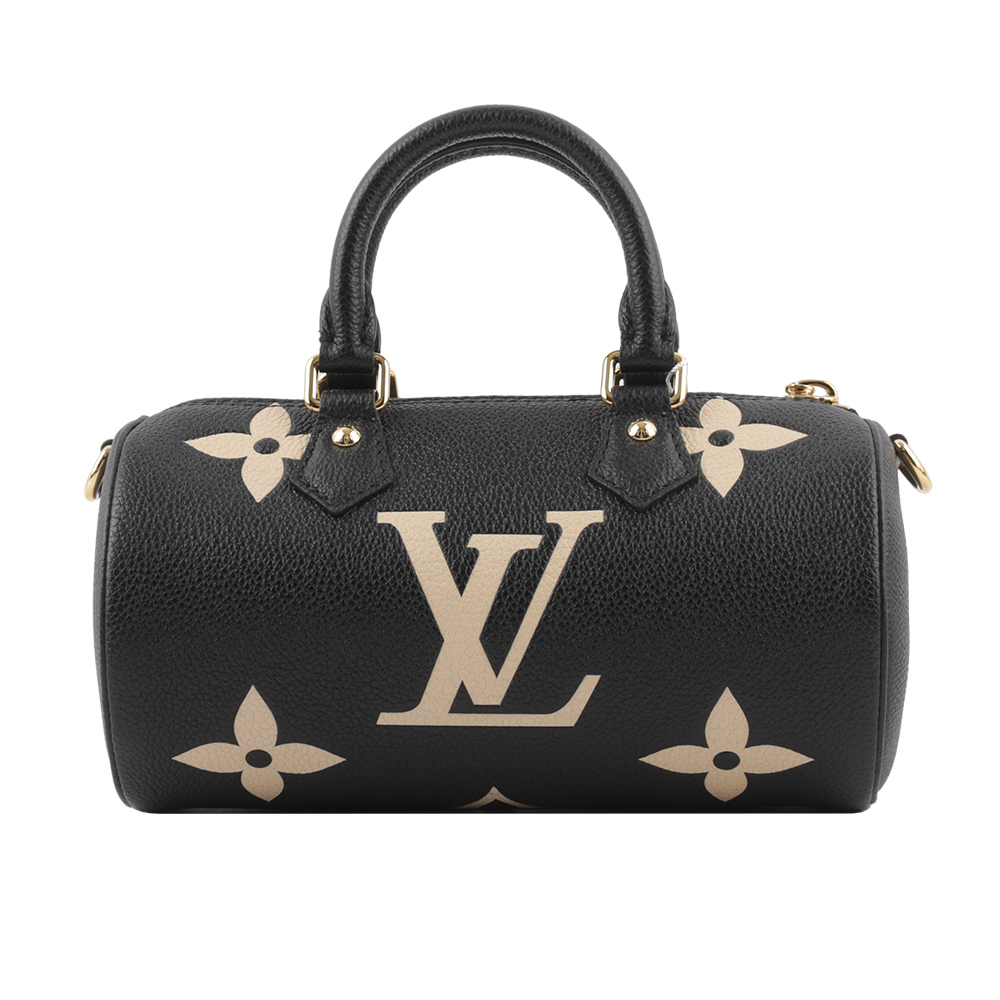 【Louis Vuitton / LV】Papillon BB Monogram 雙色牛皮迷你圓筒包(黑色/米色) M45980