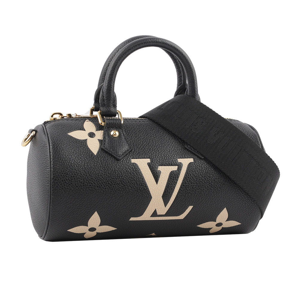 【Louis Vuitton / LV】Papillon BB Monogram 雙色牛皮迷你圓筒包(黑色/米色) M45980