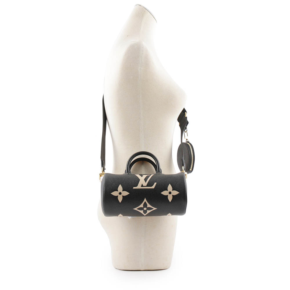 【Louis Vuitton / LV】Papillon BB Monogram 雙色牛皮迷你圓筒包(黑色/米色) M45980