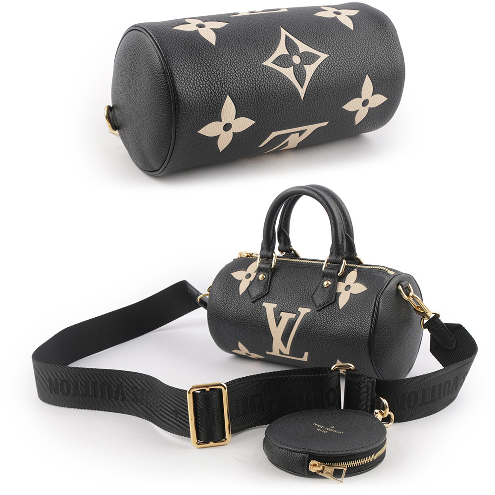 【Louis Vuitton / LV】Papillon BB Monogram 雙色牛皮迷你圓筒包(黑色/米色) M45980