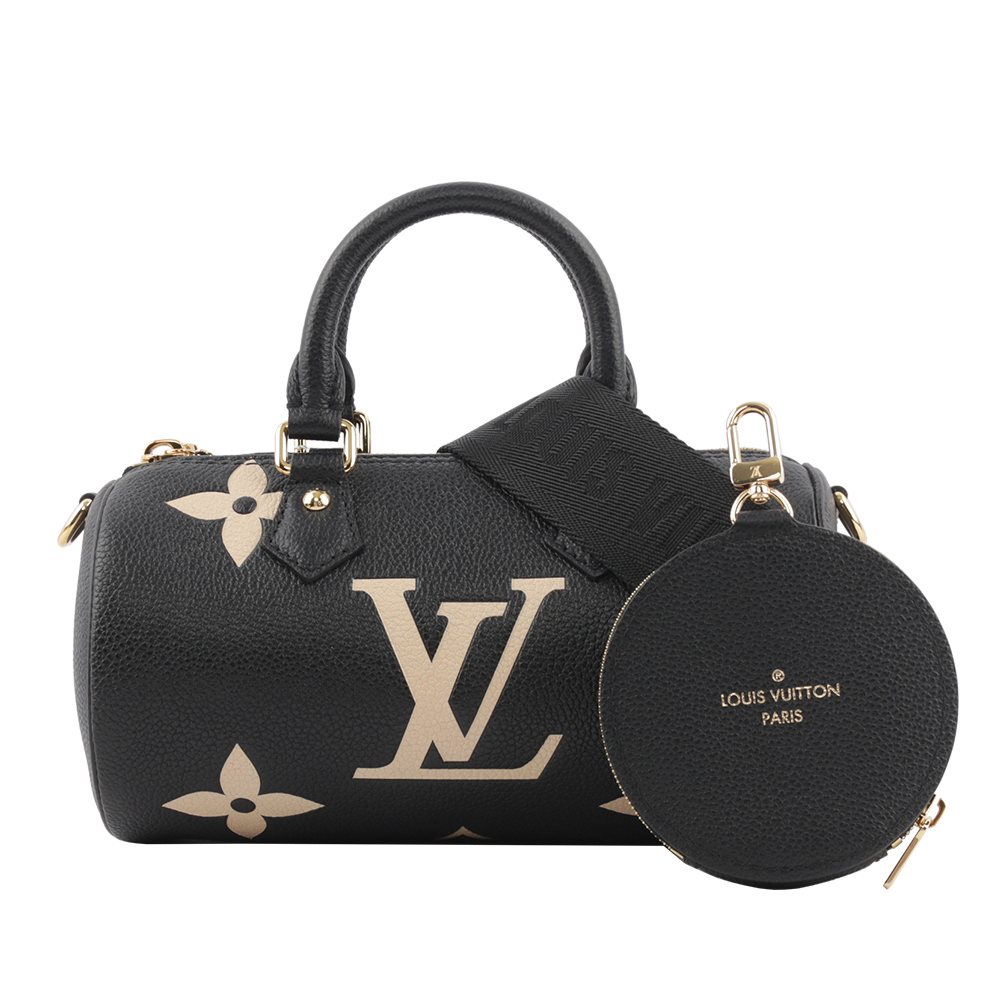 【Louis Vuitton / LV】Papillon BB Monogram 雙色牛皮迷你圓筒包(黑色/米色) M45980