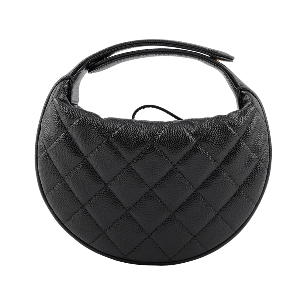 【CHANEL】金色CC Logo 粒紋牛皮迷你手提彎月包/呼拉圈包(黑色) AP3467 B13649 94305