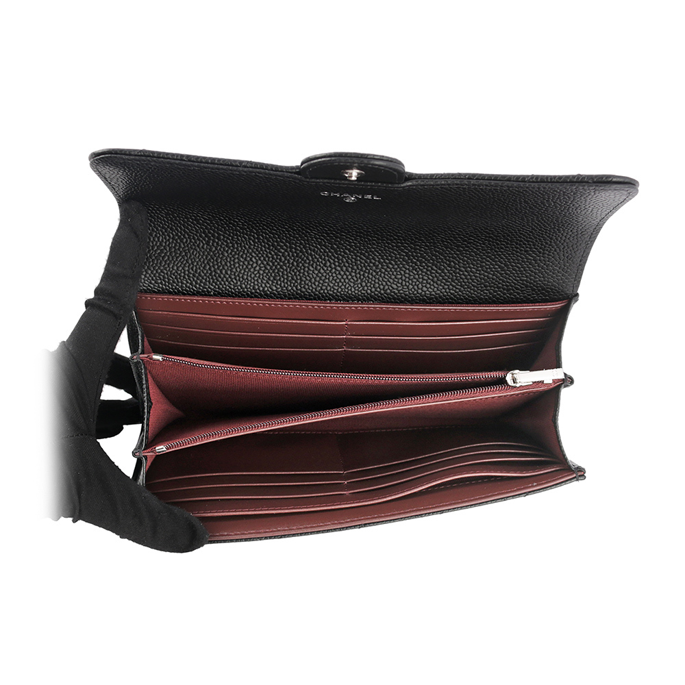 【CHANEL】銀色CC Logo荔枝皮二折壓釦長夾(黑色) AP0241 Y01588 C3906