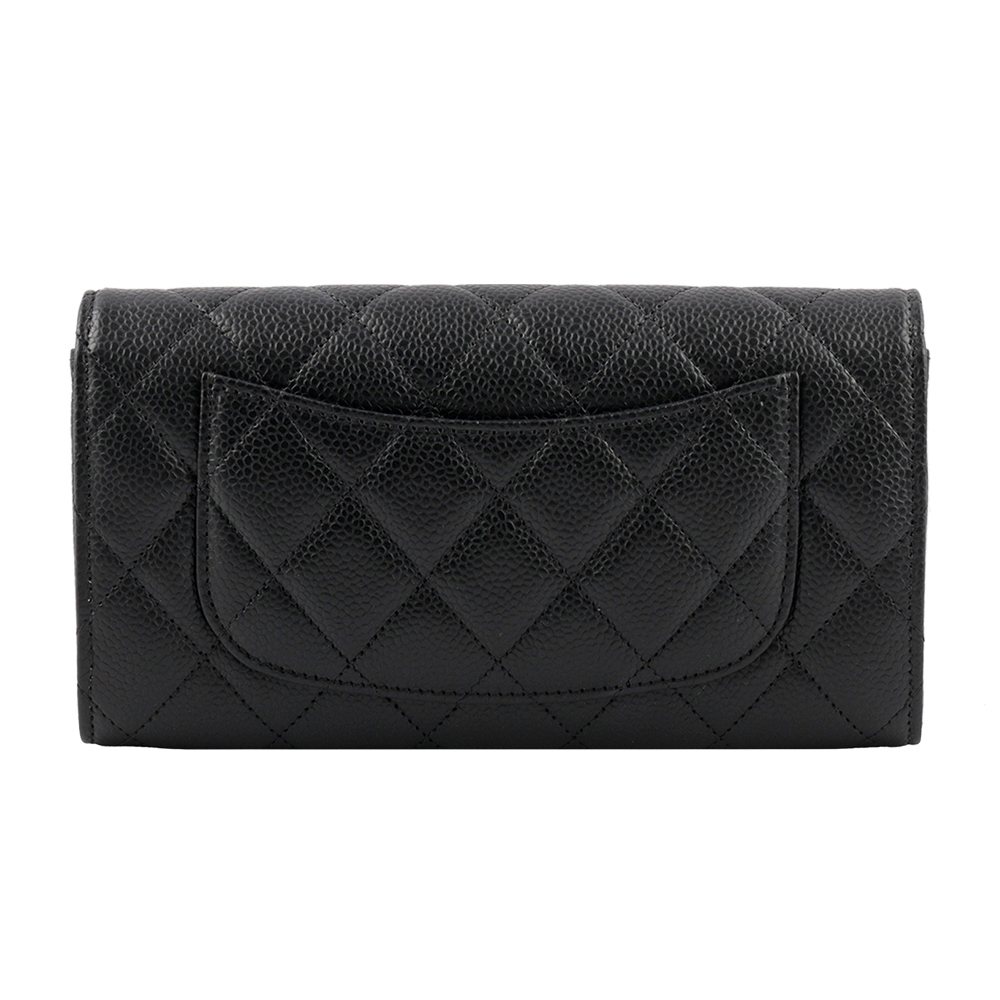 【CHANEL】銀色CC Logo荔枝皮二折壓釦長夾(黑色) AP0241 Y01588 C3906