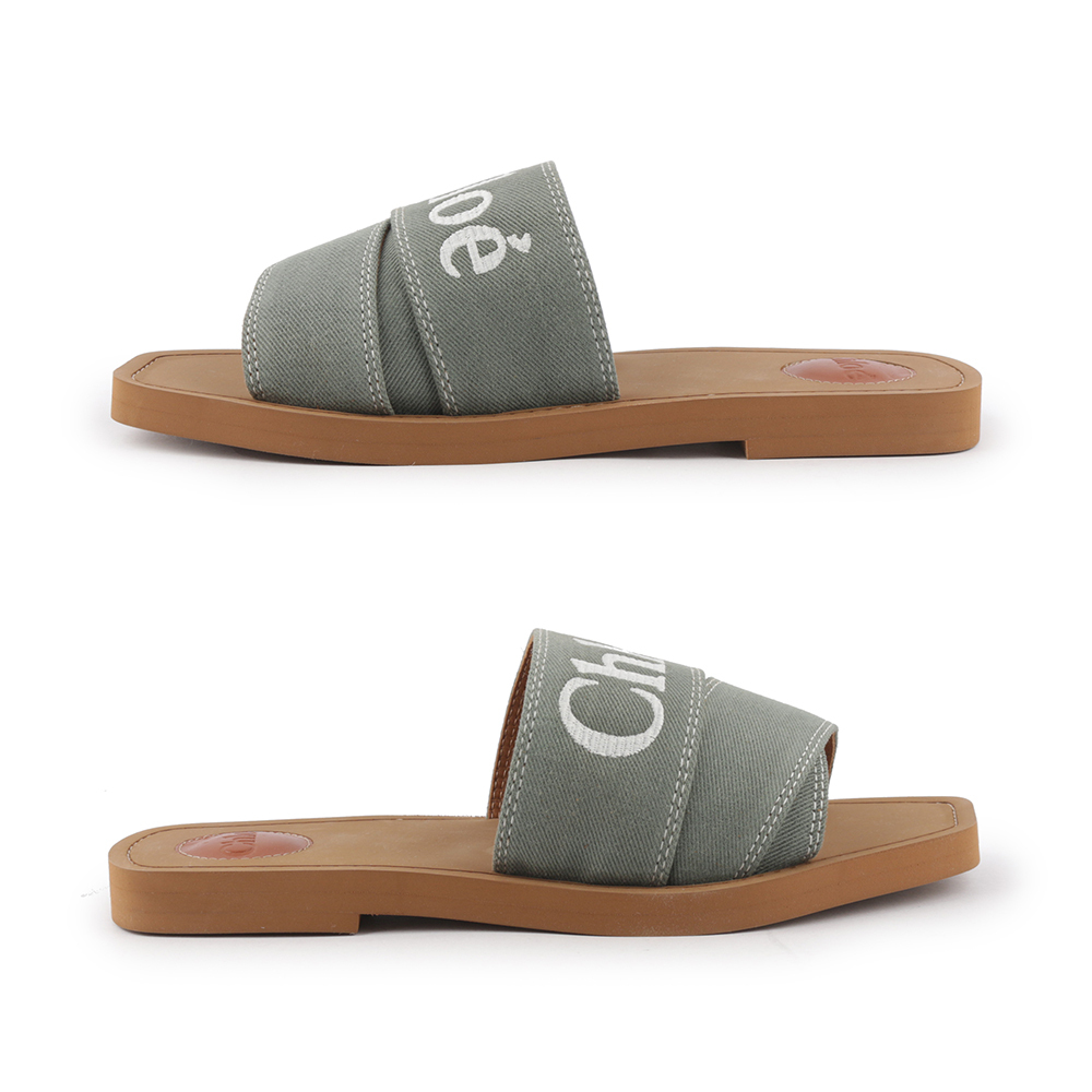 【Chloé】WOODY FLAT MULE 棉質牛仔平底拖鞋(森林綠) CHC23A188FE3E8