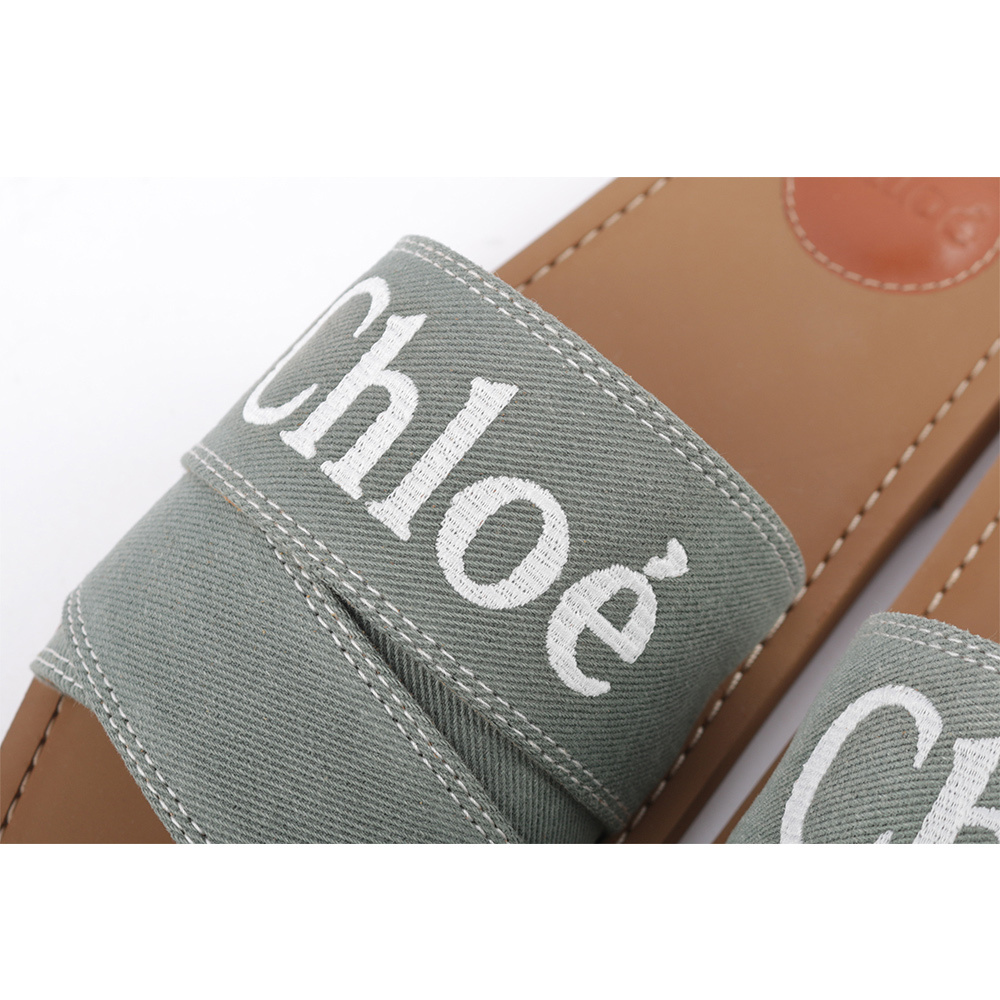 【Chloé】WOODY FLAT MULE 棉質牛仔平底拖鞋(森林綠) CHC23A188FE3E8