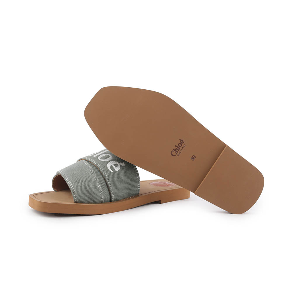 【Chloé】WOODY FLAT MULE 棉質牛仔平底拖鞋(森林綠) CHC23A188FE3E8