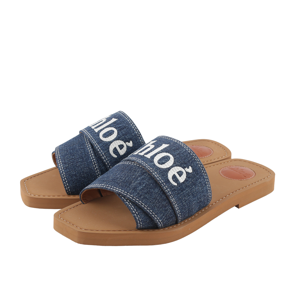 【Chloé】WOODY FLAT MULE 棉質牛仔平底拖鞋(單寧藍)