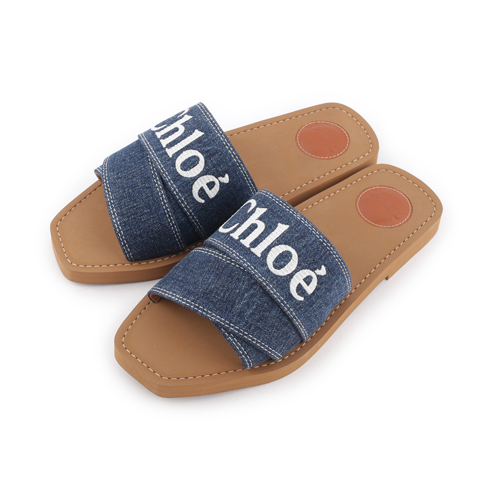 【Chloé】WOODY FLAT MULE 棉質牛仔平底拖鞋(單寧藍) CHC23A188FR45D