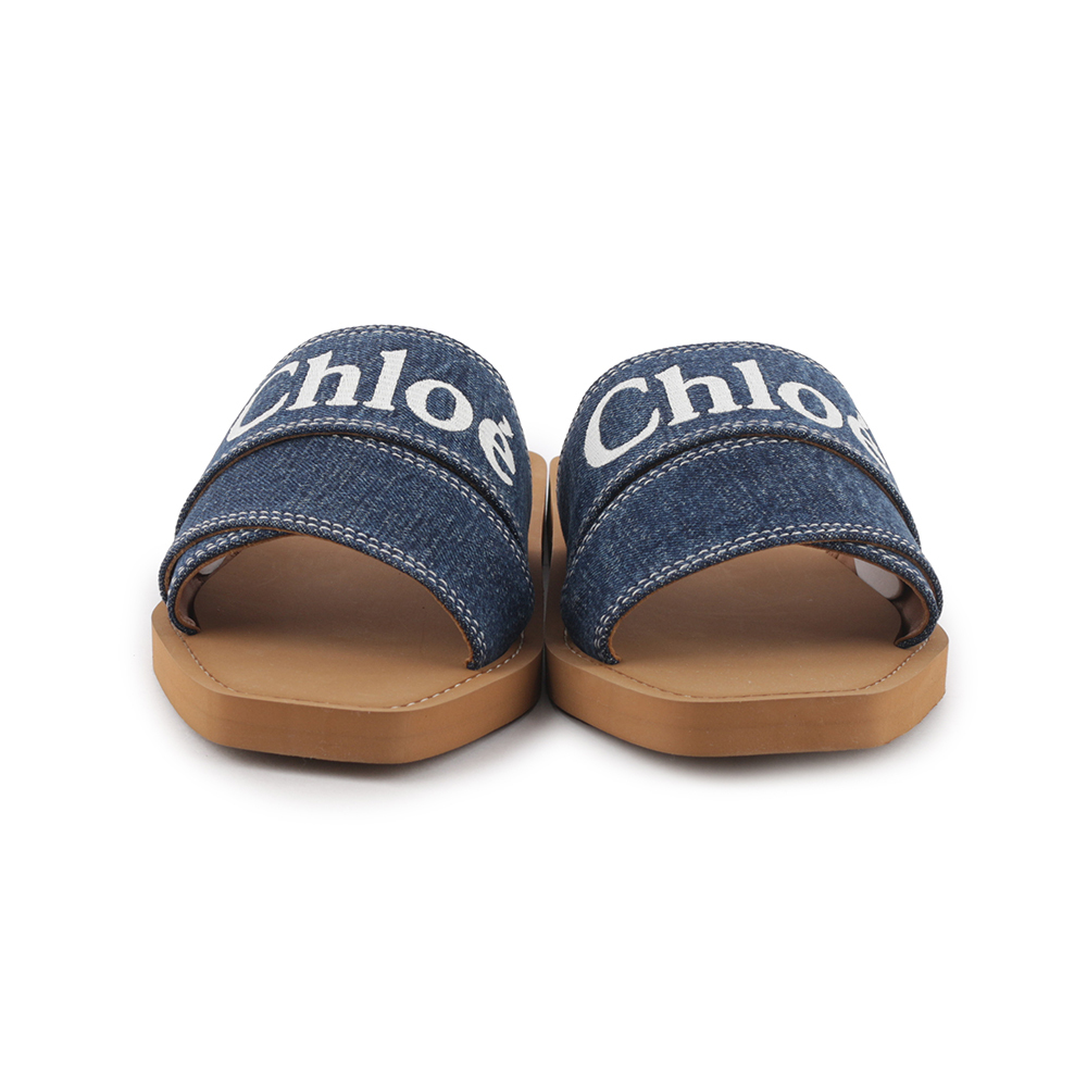 【Chloé】WOODY FLAT MULE 棉質牛仔平底拖鞋(單寧藍) CHC23A188FR45D
