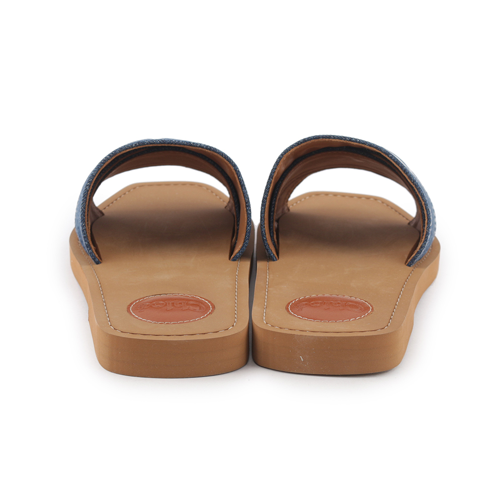 【Chloé】WOODY FLAT MULE 棉質牛仔平底拖鞋(單寧藍) CHC23A188FR45D