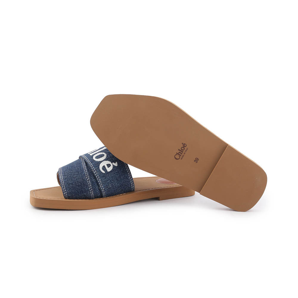 【Chloé】WOODY FLAT MULE 棉質牛仔平底拖鞋(單寧藍) CHC23A188FR45D