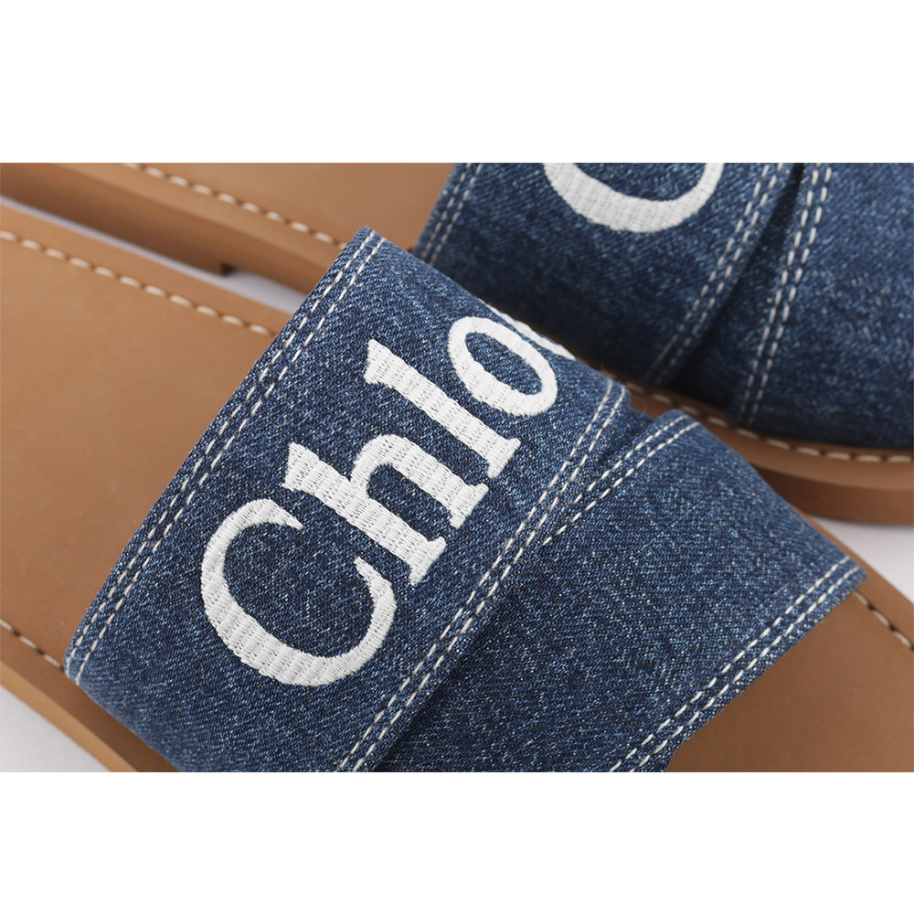【Chloé】WOODY FLAT MULE 棉質牛仔平底拖鞋(單寧藍) CHC23A188FR45D